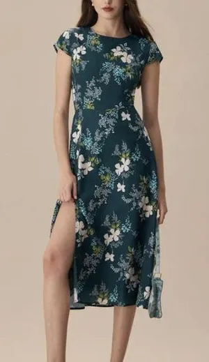 RIHOAS The Green Round Neck Cutout Floral Midi Dress thumbnail 1