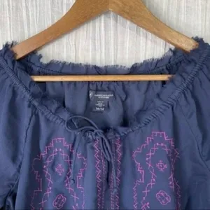 American Eagle Medium Sheer Blue Boho Peasant Blouse Pink Embroidery Tassel thumbnail 4