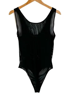 BKE Black Sheer Mesh Bodysuit Sz Large Embellished Jewel Rhinestone Y2K thumbnail 3