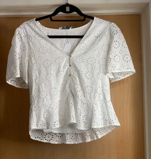 Zara Women’s White Eyelet ButtonFront Peplum Top Size-Small Romantic Cottagecore thumbnail 1