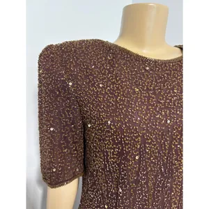 Stenay Vintage Brown Silk Beaded Sequin Sheath Cocktail Dress XL Shoulder Pads thumbnail 3