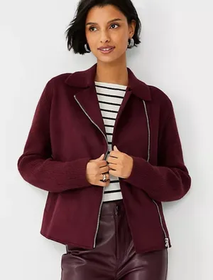 Ann Taylor Faux Suede Moto Sweater Jacket burgundy sz S‎ thumbnail 1