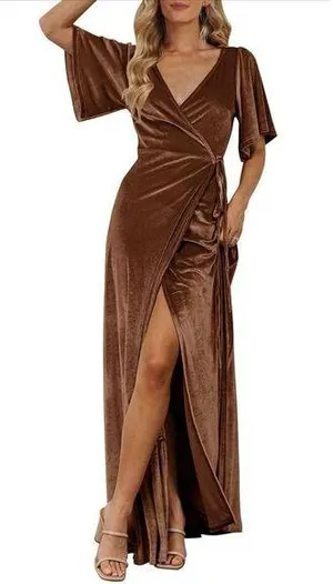NEW MEROKEETY V Neck Wrap Velvet Maxi Dress Bridesmaid S thumbnail 1