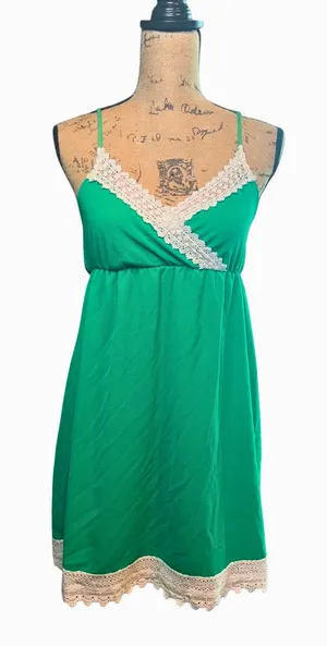 Green Babydoll Dress with White Lace Trim & Adjustable Straps thumbnail 1