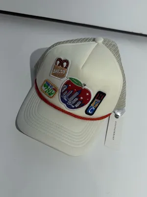 NWT Anthropologie Women’s Cream Trucker Hat with Red Apple Multicolor Patches thumbnail 3