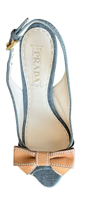 Prada Women’s Peep Toe Denim Cork Leather Bow Wedge Y2K Vintage Heels 38.5 thumbnail 1