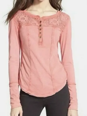 Free People Top Women's Crochet Lace Henley Long Sleeve Boho Sz M Coral Red thumbnail 1