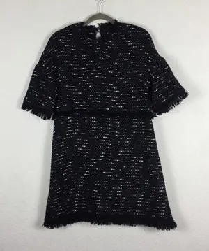 Zara Black Fringe Tweed Textured Knit Wide Sleeve Aline Mini Dress Medium thumbnail 3