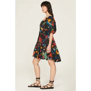 Farm Rio Zodiac Print Black Puff Sleeve Square Neck Babydoll Mini Dress Size M thumbnail 3