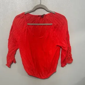 Happening in the Present Womens Blouse Red Crochet Lace Sleeve Elastic Hem XS thumbnail 2