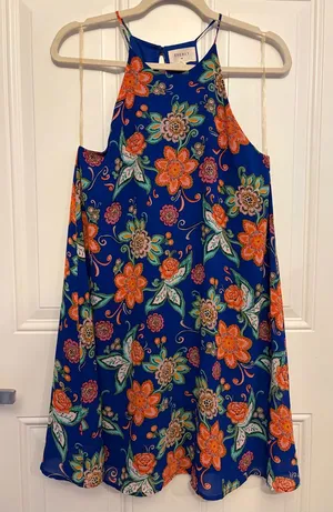 Everly Blue Floral Halter Swing Dress Size Small thumbnail 1