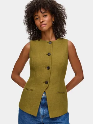 NWT Leo Long Boucle Waistcoat Sleeveless Olive Green Vest | 0 thumbnail 1