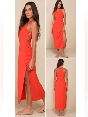 Lulus Masterfully Mod Bright Orange Side Button Midi Dress Size XL Sleeveless thumbnail 2