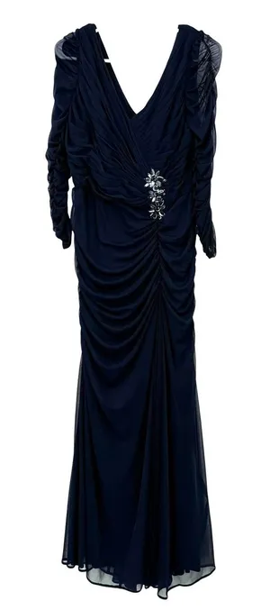 Adrianna Papell Size 10 Long Sleeve Maxi‎ Dress Dark Blue Mesh Sleeve Event Gown thumbnail 1
