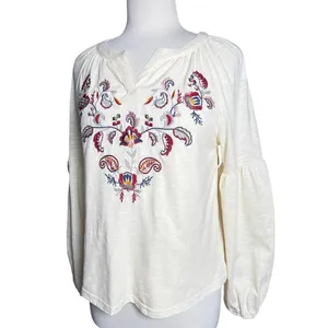Women’s Boho Embroidered Popover Split Neck Cream Long Sleeve Top thumbnail 6