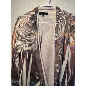 BLEU Floral Rose Print‎ Draped Open Front Waterfall Cardigan Brown Cream Small thumbnail 3