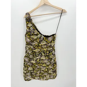 Zara Women Metallic Floral One Shoulder Mini Ruffle‎ Bodycon Dress Multicolor M thumbnail 2