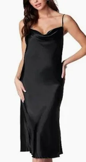 Bebe Satin Cowl Neck Slip Midi Dress Adjustable Holiday LBD Sexy thumbnail 1