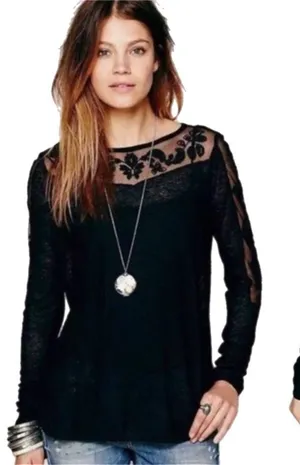 Free People Lace Inset Mesh Top Black Small thumbnail 1