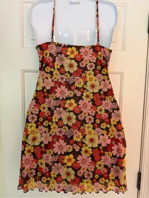 SHEIN L Floral Mini Dress Black Pink Red Yellow Cami Mesh Y2K thumbnail 5