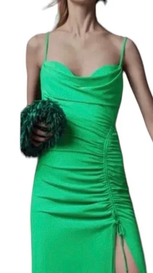 NWT Zara Green Long Bodycon Ruched Dress Draped Spaghetti Straps M Party thumbnail 1