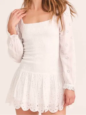 EUC LoveShackFancy Jayce Smocked Eyelet Scalloped Hem Mini Dress White Large thumbnail 1