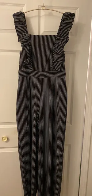 Large Boutique Vertical pinstripe jumpsuit, ruffled sleeves square neck line thumbnail 1