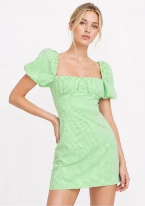 Zara Green Gingham Puff Sleeve Mini Dress in size Medium. thumbnail 1
