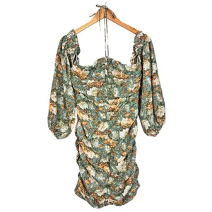 Hello Molly Basque Country Long Sleeve Ruched Mini Dress Floral Sage M NWT Event thumbnail 4