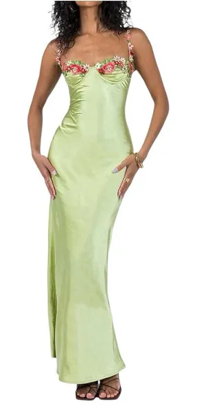 Y2K Fairycore Green Satin Slip Maxi Dress Size Medium Flower Strap Bodycon thumbnail 1
