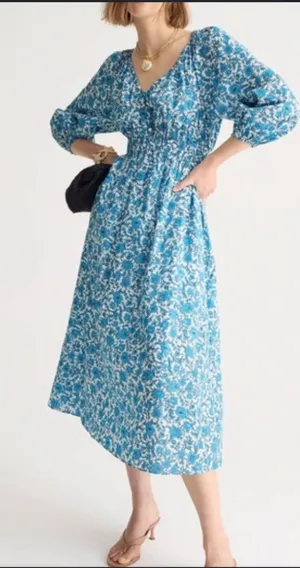 J.Crew Smocked Waist V-Neck Midi Dress in the Blue Blooms medium thumbnail 1