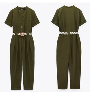 Zara Olive Green Short-Sleeve Utility Jumpsuit with Woven Belt thumbnail 2