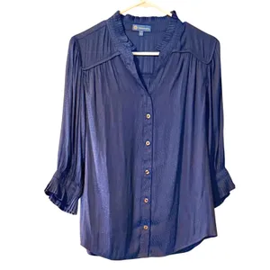 Democracy Navy Blue, contrast color Button‎ Front Blouse Small, Fits Medium thumbnail 3