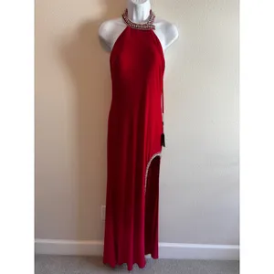 NWT Ieena for Mac Duggal Gown 2 Red Rhinestone‎ Halter Slit Evening Dress 26533 thumbnail 2