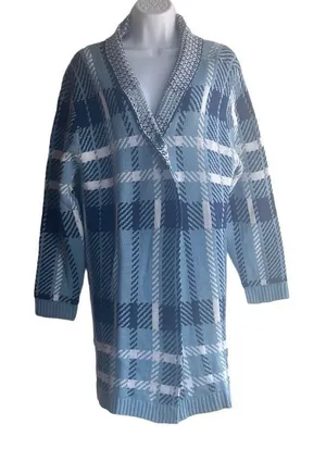 Salon Studio‎ Blue Houndstooth Plaid Open Front Oversized Cardigan Large Grandma thumbnail 1