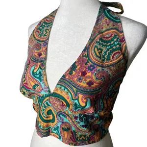 Reversible Paisley Halter Crop Top Bohemian Festival Coachella Sz S/M Silk Y2K thumbnail 4