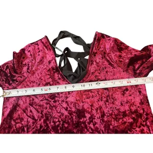 A Byer 90s Y2K Burgundy Crushed Velvet Black Tie Up Back V-neck Dress L Holiday thumbnail 15