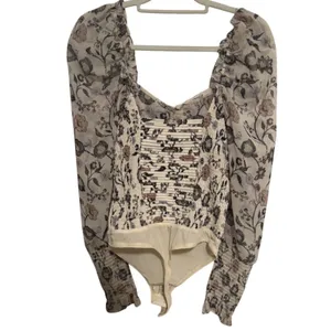 Free People NWT $128 Brunch Date Bodysuit Floral Ivory Sheer Long Puff Sleeve S thumbnail 2