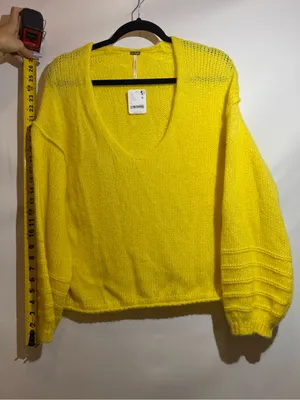 NWT Free People Neon Yellow Alpaca Blend V Neck Slouchy Knit Sweater Size S thumbnail 4