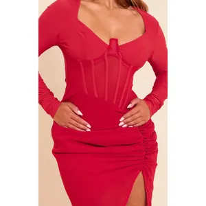 NWT PrettyLittleThing Womens Bodycon Corset Detail Ruched Midi Dress Size 4‎ Red thumbnail 2