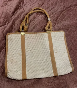 Handmade Woven Cream Tote with Tan Trim and Braided Handles thumbnail 1