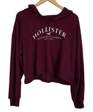 Hollister Burgundy Waffle Oversized Cropped Hoodie Sweater Medium thumbnail 1