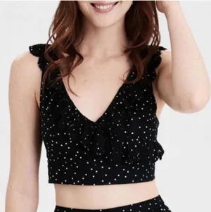 American Eagle XS Crop Top Black White Polka Dot Eyelet Scalloped Ruffle V-Neck thumbnail 1