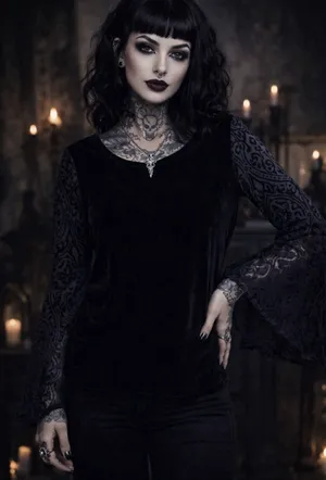 Y2K Velvet Bell Lace Sleeve Top‎ Womens L Whimsigoth Goblincore Fairy Goth Lace thumbnail 1