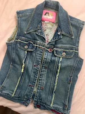 Fiorucci Blue Denim Sleeveless Vest Floral Embroidery with Pink Label thumbnail 3