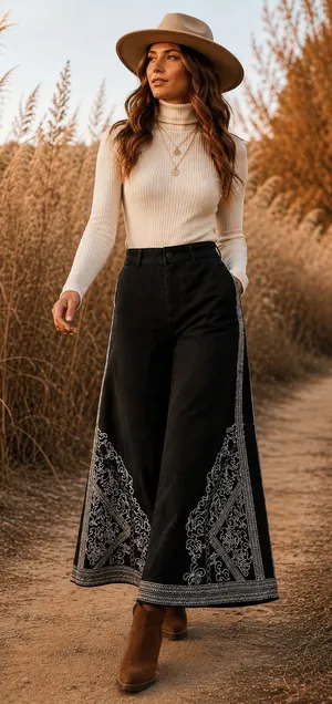 Haver + Blair Black Embroidered Wide Leg Linen Blend Pants Womens Small Boho thumbnail 1
