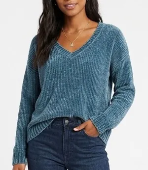 Gap Sweater Women XL Blue Velvet Chenille Long Sleeve Super Soft V-Neck Pullover thumbnail 1