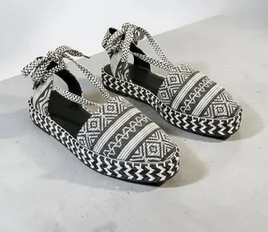 ASOS Black White Woven Ankle Tie Platform Flats Size 8 thumbnail 1