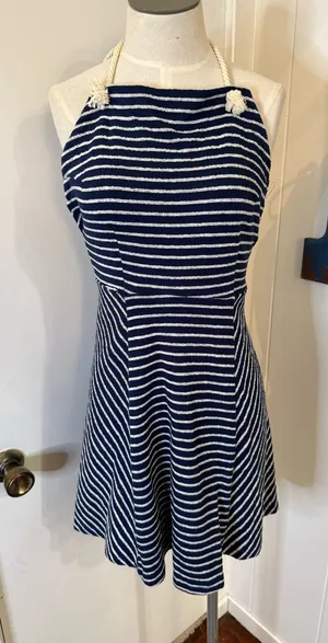 Zara Navy and White Striped dress with robe cord ties button back Sz S thumbnail 1