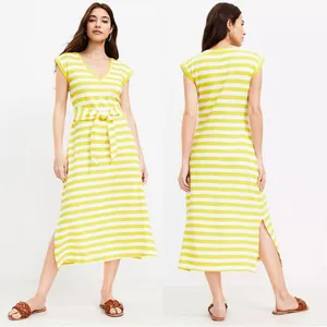 Loft Striped Tie‎ Waist V-Neck Midi Dress Yellow and White Striped Size: Medium thumbnail 2
